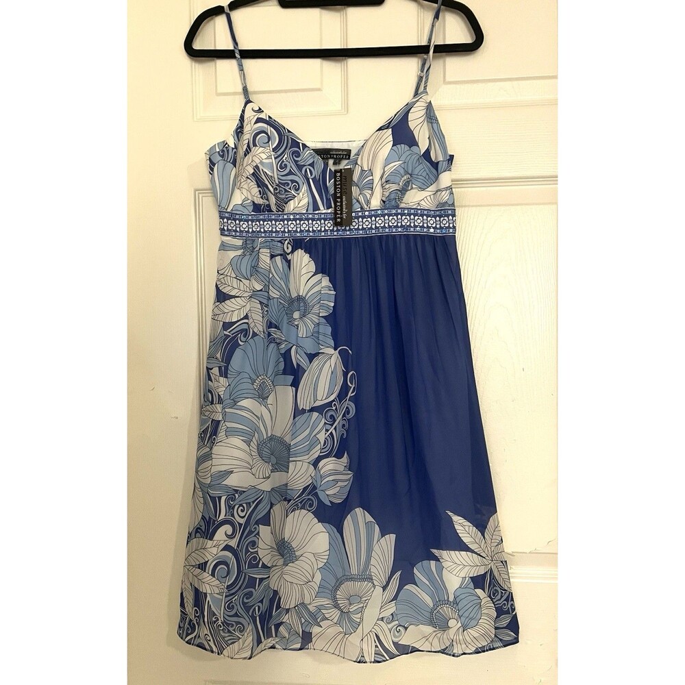 MUSE BOSTON PROPER Floral Silk Babydoll Slip Dress Sz 8 Blue White Cocktail NWT